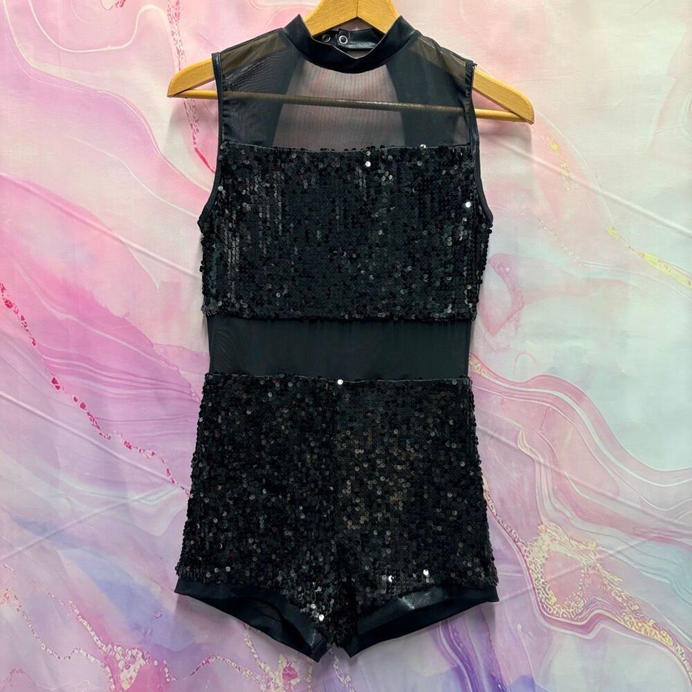 Black Mesh Sequin Sleeveless Romper Dance Costume Colorguard Majorette Twirler